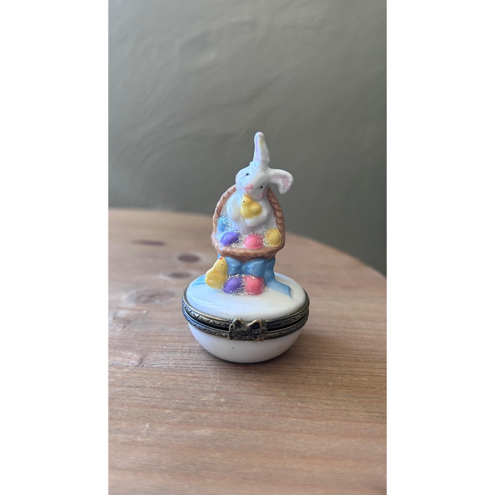 Easter Bunny Porcelain Trinket Box Hinged Miniature Rabbit Figurine with Chick